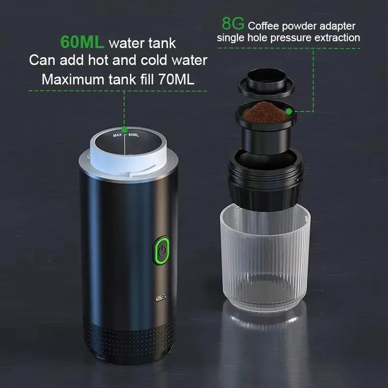 Machine à café portable 3 en 1 multifonction sans fil, rechargeable compatible avec capsules et poudre de café