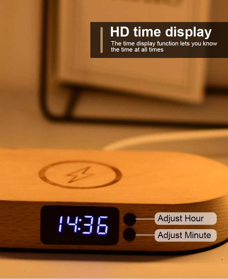Chargeur sans fil de décoration de table avec veilleuse et horloge Chargeur de téléphone rapide pour tout téléphone à chargement sans fil
