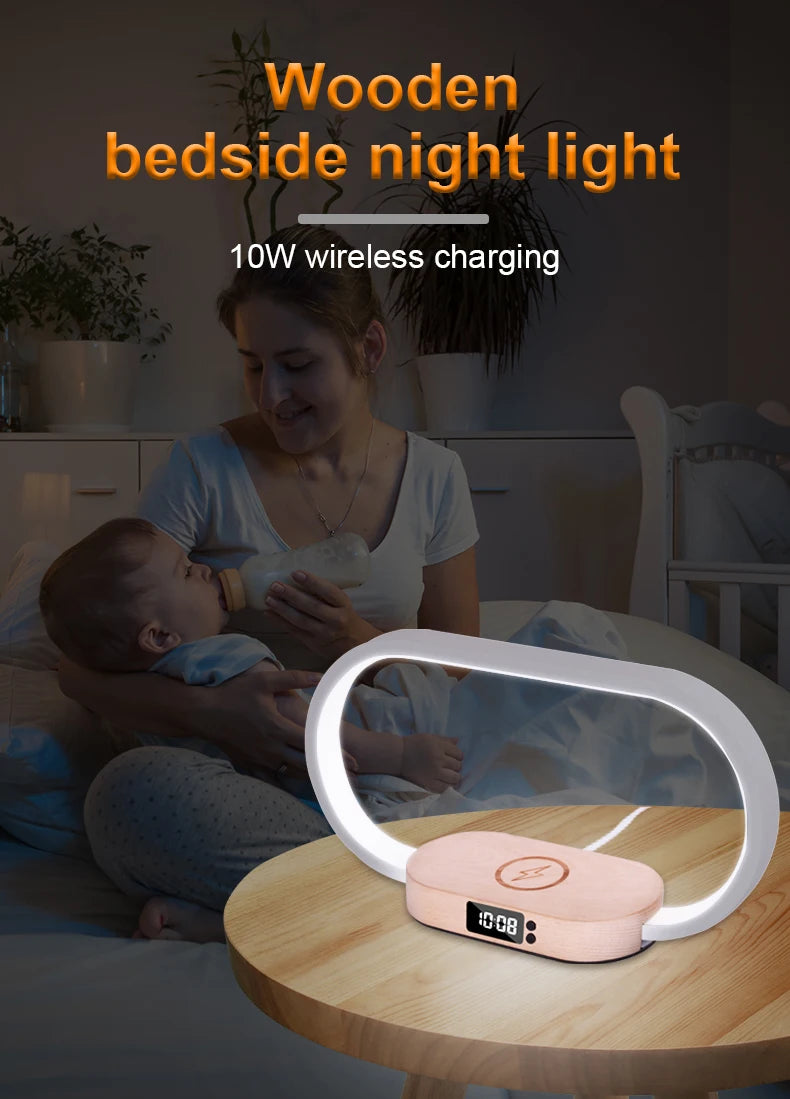 Chargeur sans fil de décoration de table avec veilleuse et horloge Chargeur de téléphone rapide pour tout téléphone à chargement sans fil
