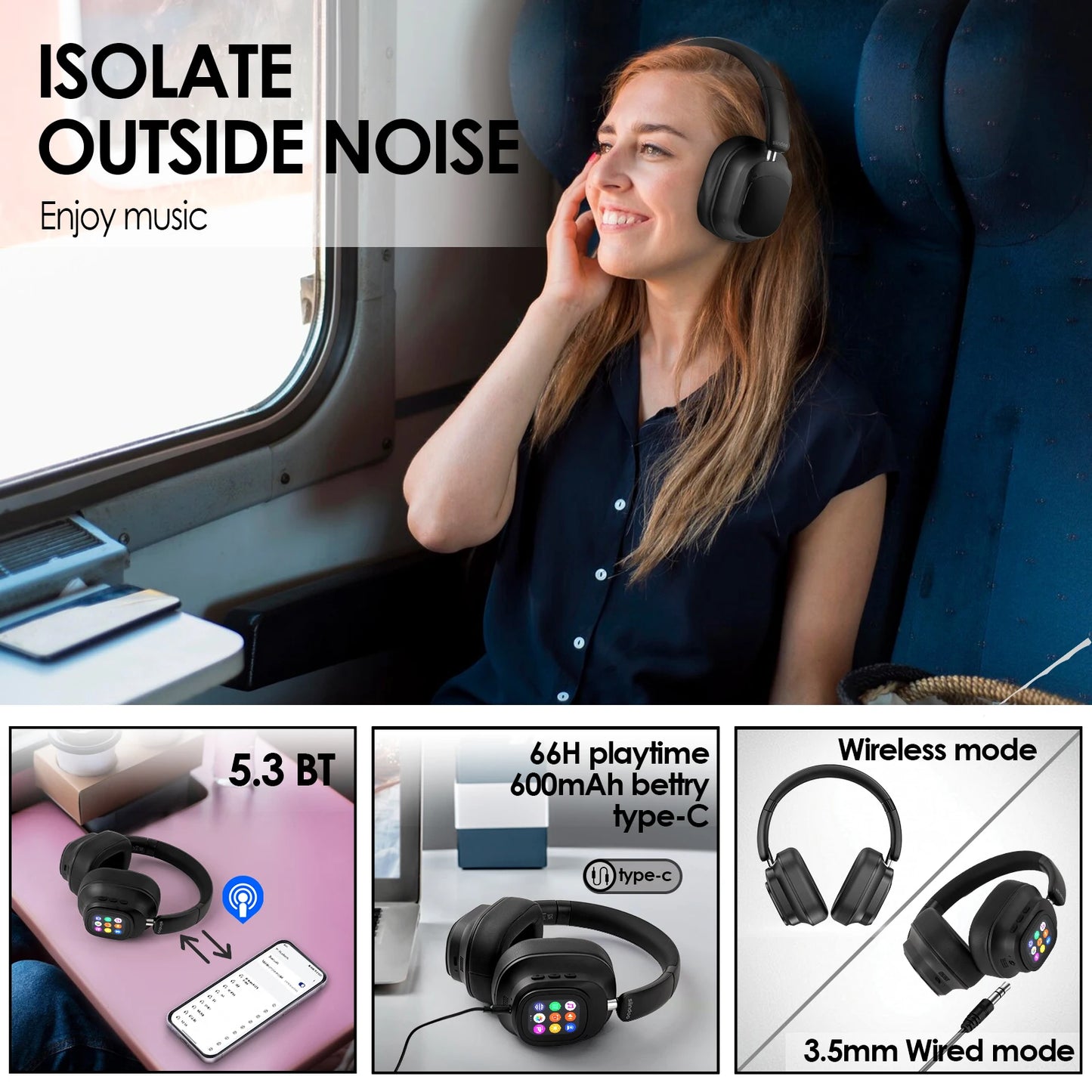 Casque hybride sans fil Siindoo JH-ANC930Plus, réduction active du bruit, avec écran LED tactile multi-magnétique