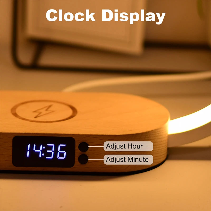 Chargeur sans fil de décoration de table avec veilleuse et horloge Chargeur de téléphone rapide pour tout téléphone à chargement sans fil