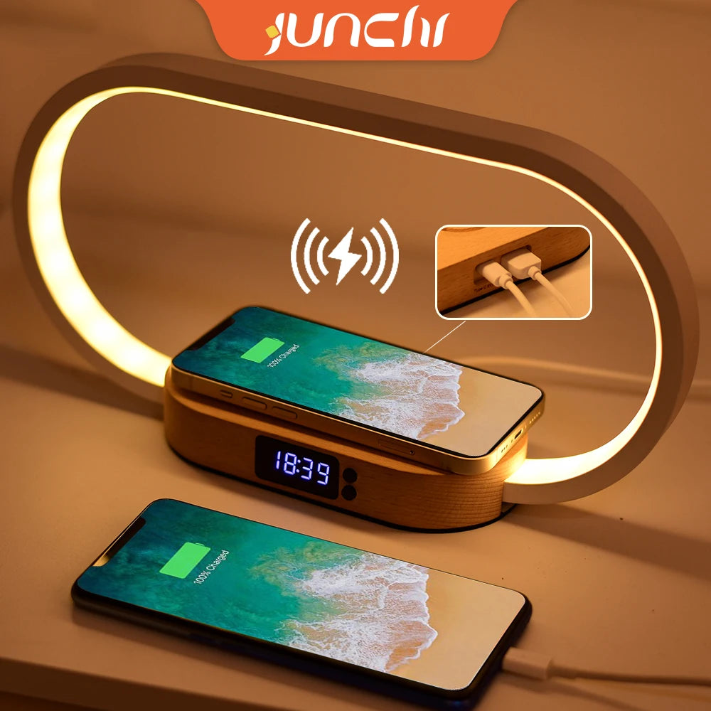 Chargeur sans fil de décoration de table avec veilleuse et horloge Chargeur de téléphone rapide pour tout téléphone à chargement sans fil