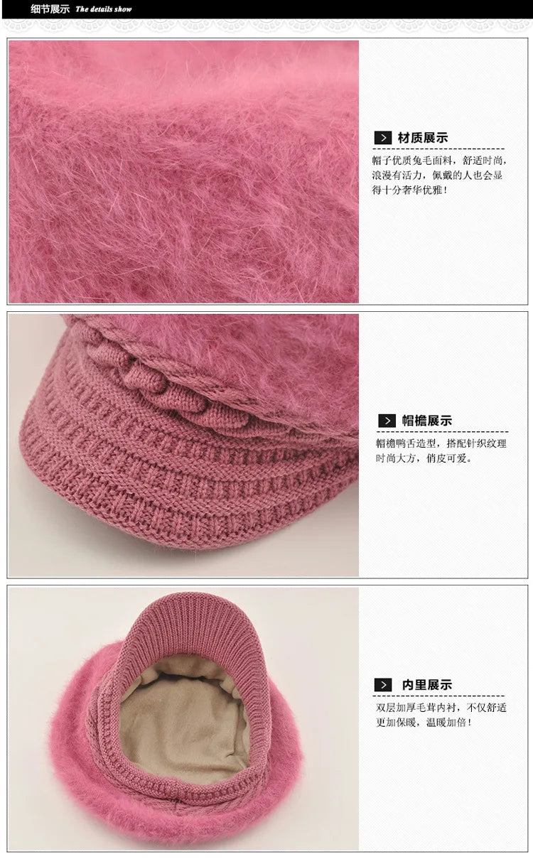 Béret chapeaux cheveux de lapin tricoté pour femmes bérets hiver casquette chaude