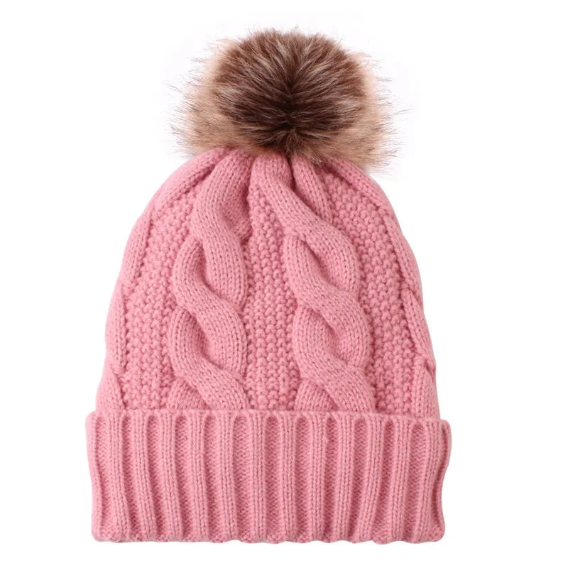 Bonnets chaud tricot Automne hiver pour femmes chapeau grande boule de cheveux plus velours chapeaux solide