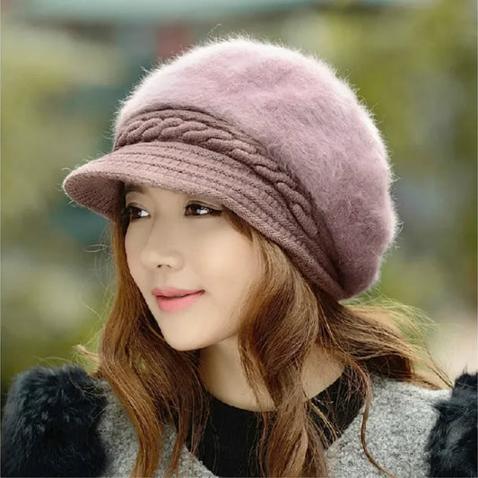 Béret chapeaux cheveux de lapin tricoté pour femmes bérets hiver casquette chaude