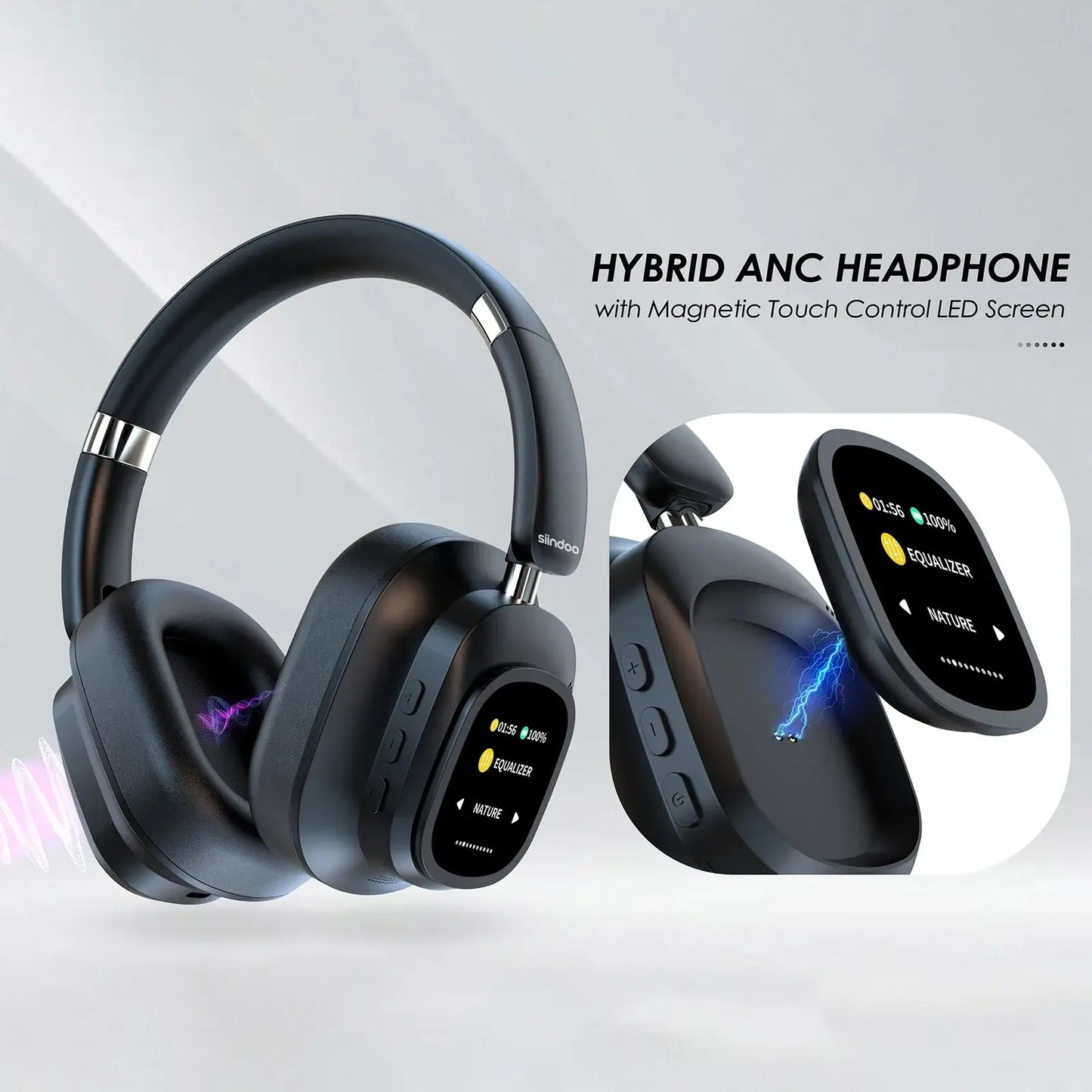 Casque hybride sans fil Siindoo JH-ANC930Plus, réduction active du bruit, avec écran LED tactile multi-magnétique