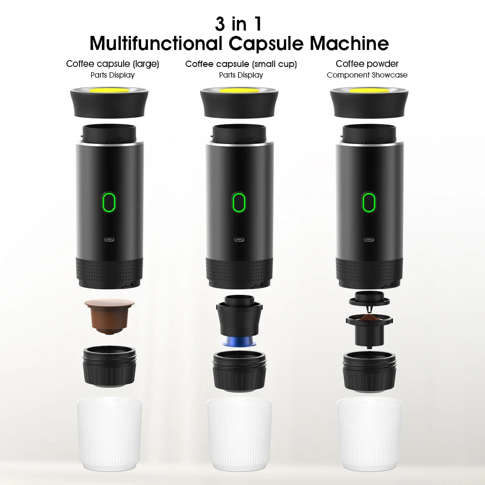 Machine à café portable 3 en 1 multifonction sans fil, rechargeable compatible avec capsules et poudre de café