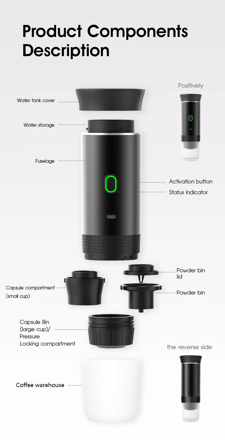 Machine à café portable 3 en 1 multifonction sans fil, rechargeable compatible avec capsules et poudre de café