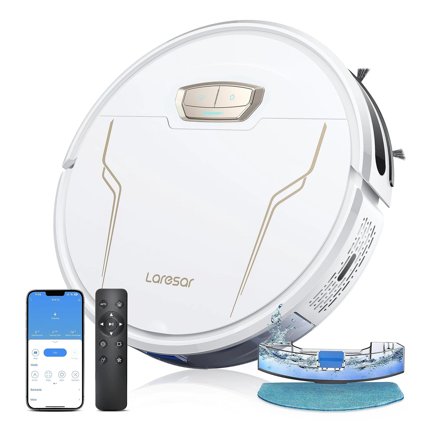 Laresar Clean Robot Aspirador y Fregasuelos, 4000Pa Aspirador Robot, Robot Limpieza Automática 3 en 1, Batería de Larga Duración, Compatible con Alexa/WiFi/App,para Pelo de Mascotas,Piso (Evol 3s)