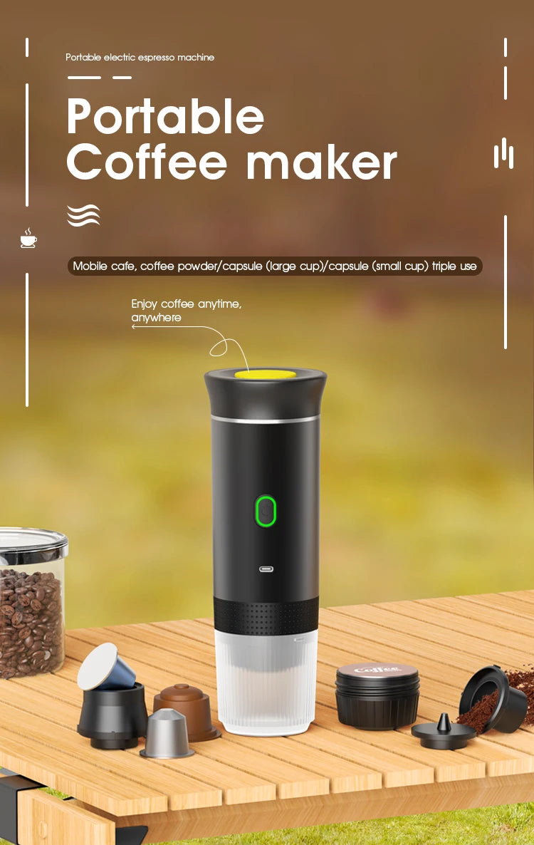 Machine à café portable 3 en 1 multifonction sans fil, rechargeable compatible avec capsules et poudre de café