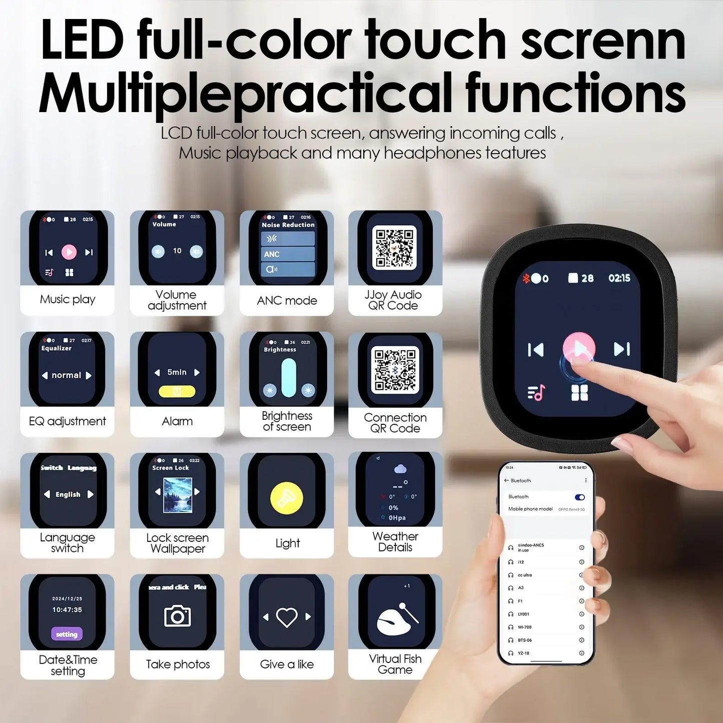 Casque hybride sans fil Siindoo JH-ANC930Plus, réduction active du bruit, avec écran LED tactile multi-magnétique