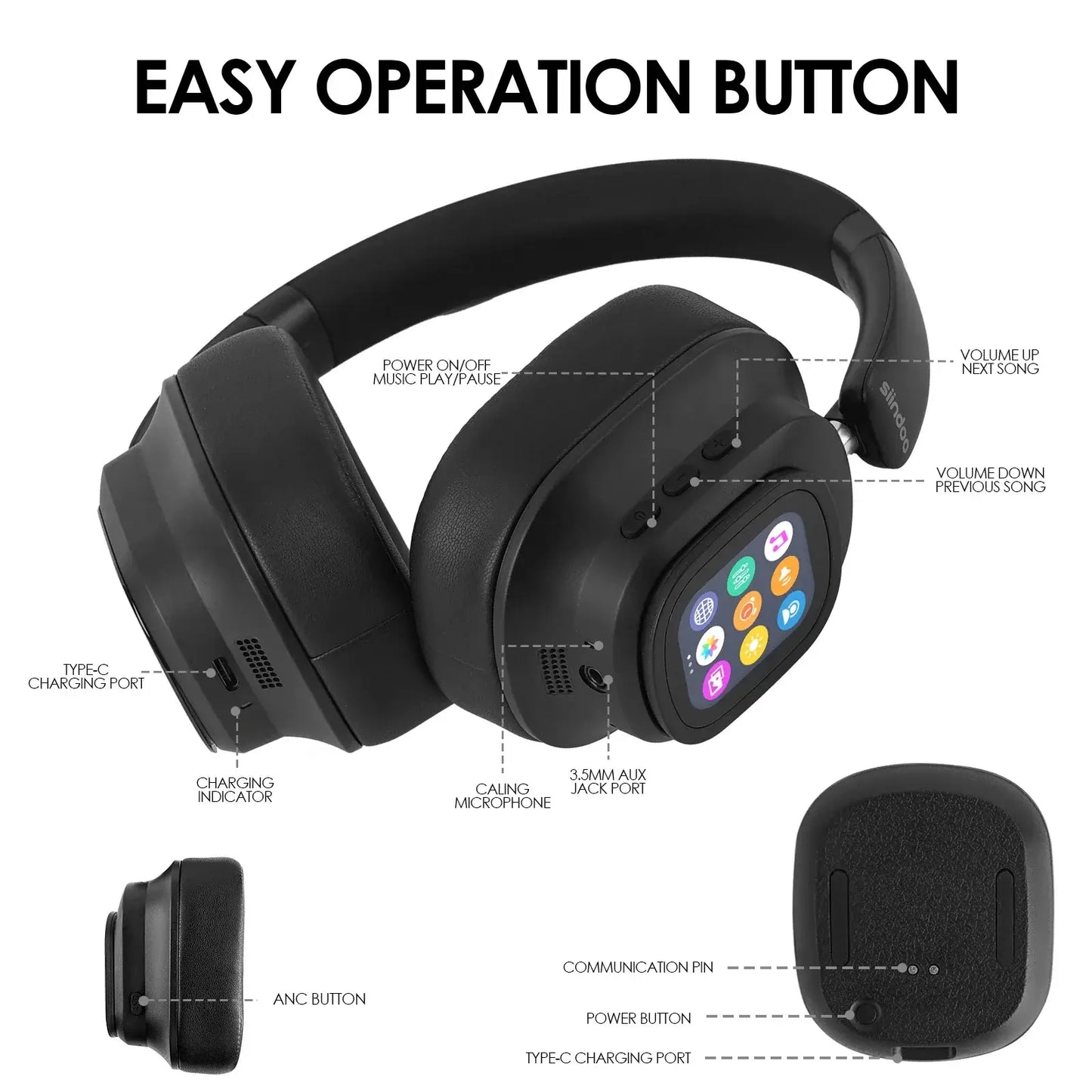 Casque hybride sans fil Siindoo JH-ANC930Plus, réduction active du bruit, avec écran LED tactile multi-magnétique
