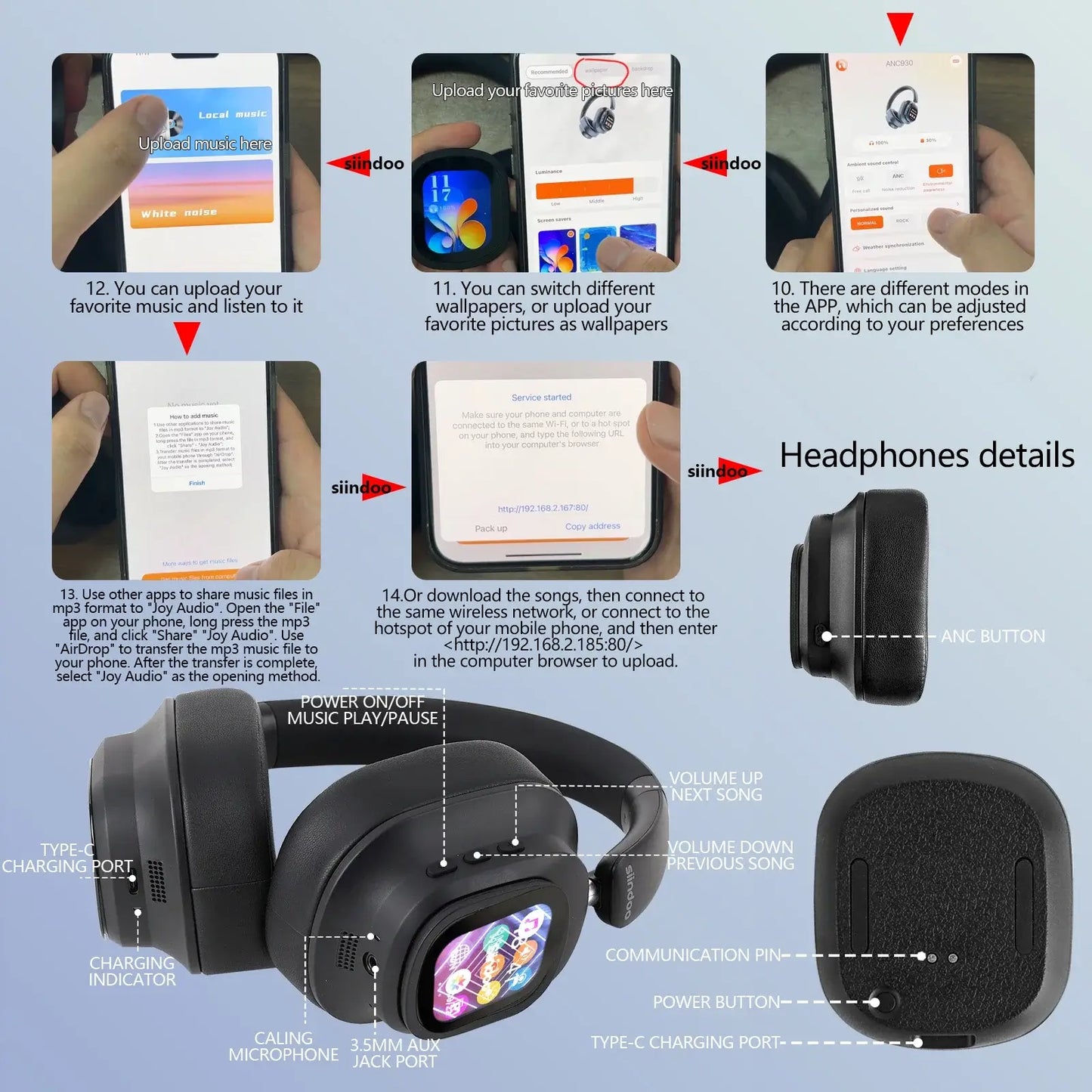 Casque hybride sans fil Siindoo JH-ANC930Plus, réduction active du bruit, avec écran LED tactile multi-magnétique