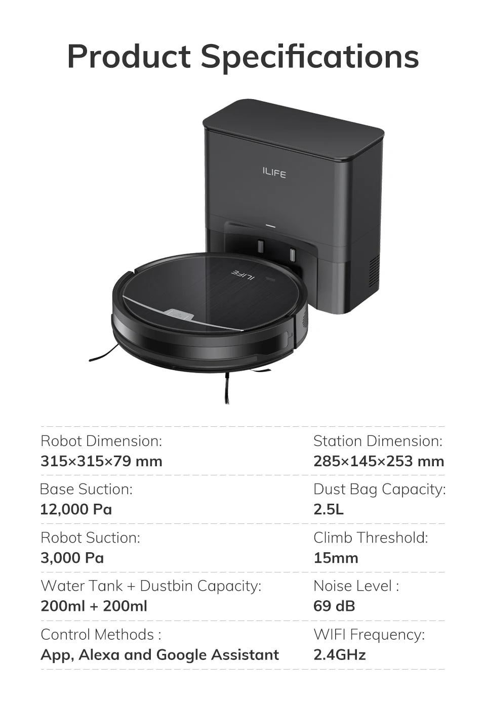 Aspirateur robot ILIFE V9/V9Pro, autovideur, aspiration puissante de 3000 Pa, navigation gyroscopique, programmation, contrôle par application/Alexa, pour poils d'animaux