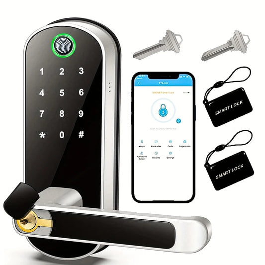 Serrure Intelligente avec Clavier Numérique, Empreinte Digitale et Application pour Smartphone, deux cartes passe, Deux Clés de Secours Incluses
