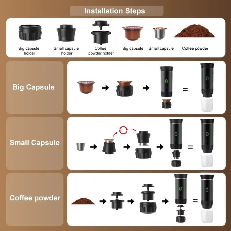 Machine à café portable 3 en 1 multifonction sans fil, rechargeable compatible avec capsules et poudre de café
