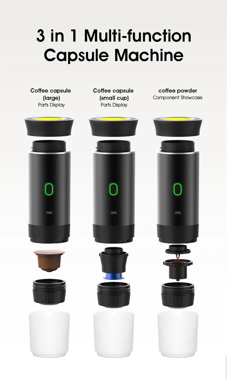 Machine à café portable 3 en 1 multifonction sans fil, rechargeable compatible avec capsules et poudre de café