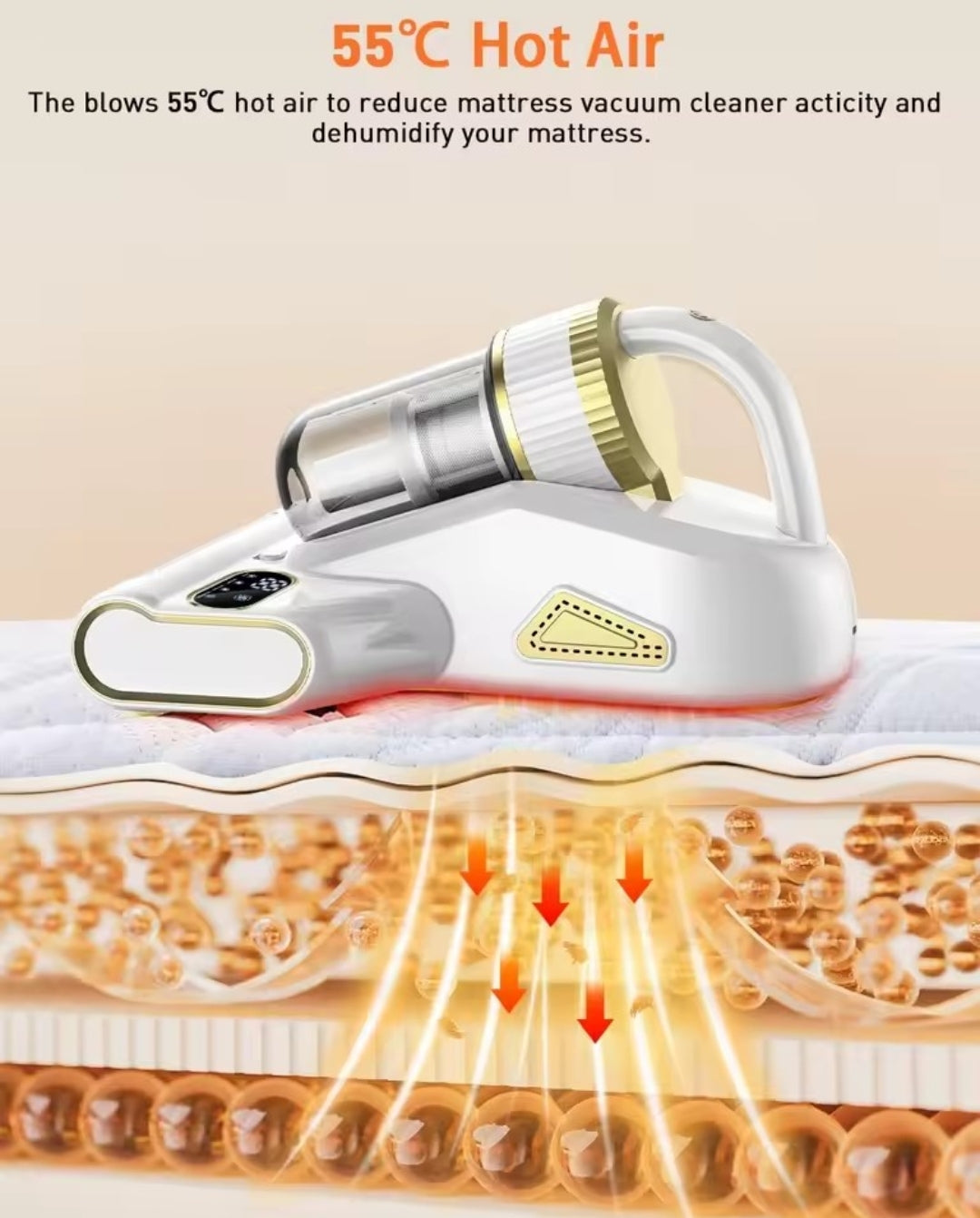 Aspirateur Anti-Acariens UV pour Matelas, puissant , sans Fil, Vibrant et Chauffant 70°C, Fonction Luminaire UV,