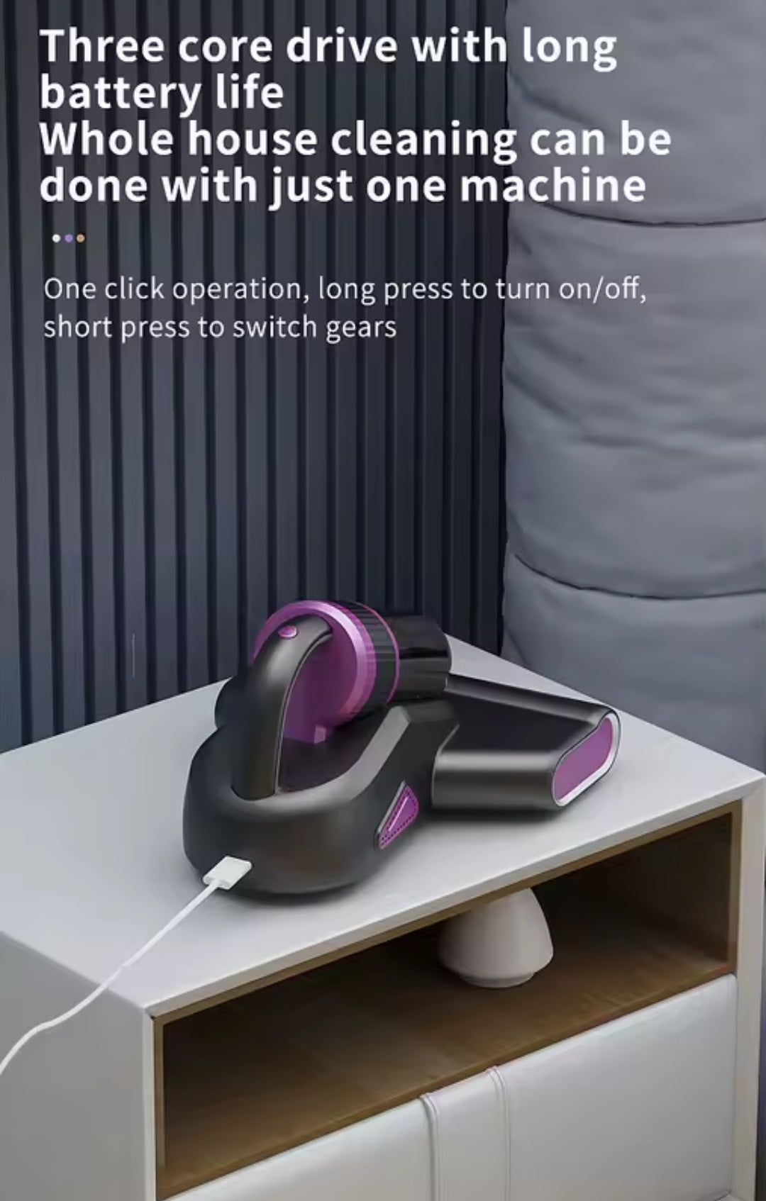 Aspirateur Anti-Acariens UV pour Matelas, puissant , sans Fil, Vibrant et Chauffant 70°C, Fonction Luminaire UV,