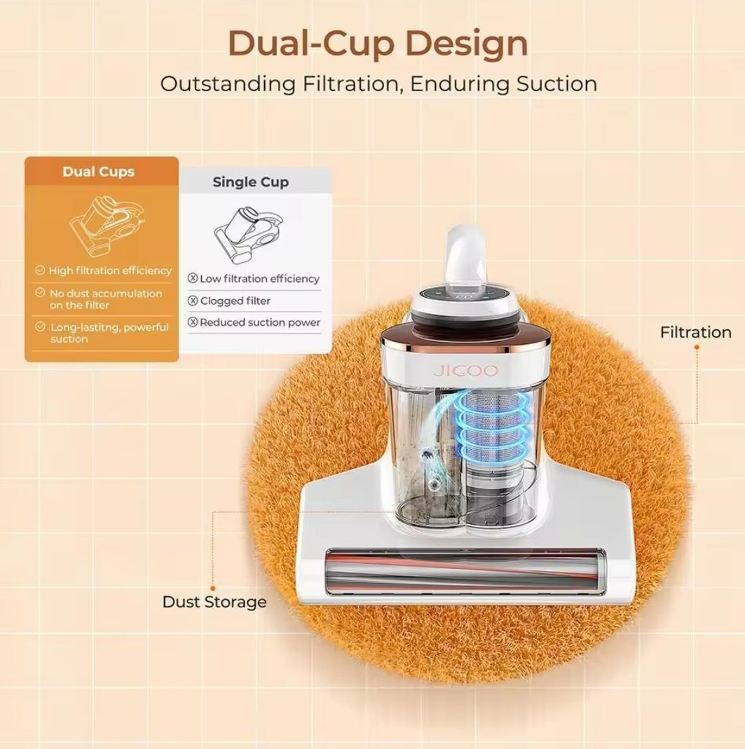 Aspirateur anti-acariens JIGOO J300, 500 W, intelligent, avec lumière UV, capteur d'acariens, affichage numérique intelligent, idéal pour les personnes allergiques, pour le nettoyage des matelas, lits et canapés.