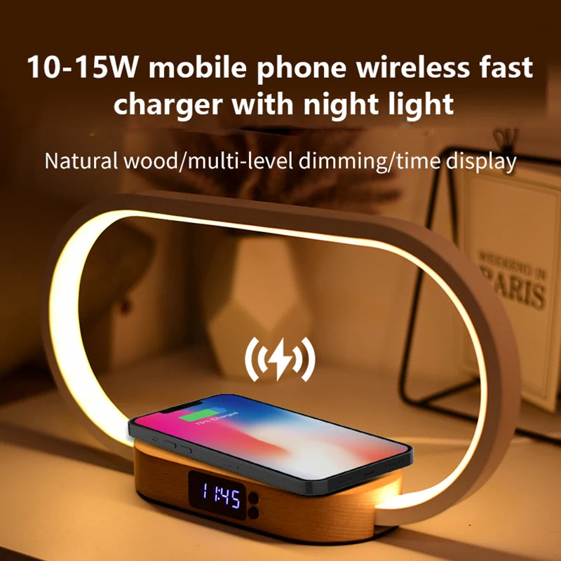 Chargeur sans fil de décoration de table avec veilleuse et horloge Chargeur de téléphone rapide pour tout téléphone à  chargement sans fil