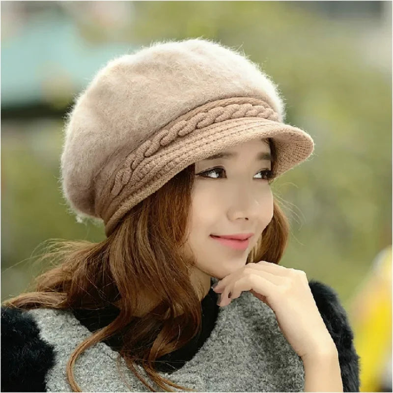 Béret chapeaux cheveux de lapin tricoté pour femmes bérets hiver casquette chaude