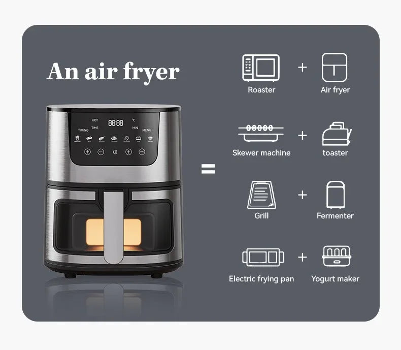 Friteuse à air électrique 7L Four à convection chaude multifonction intelligent Friteuse sans huile Contrôle tactile LED 1400W Fenêtre visible